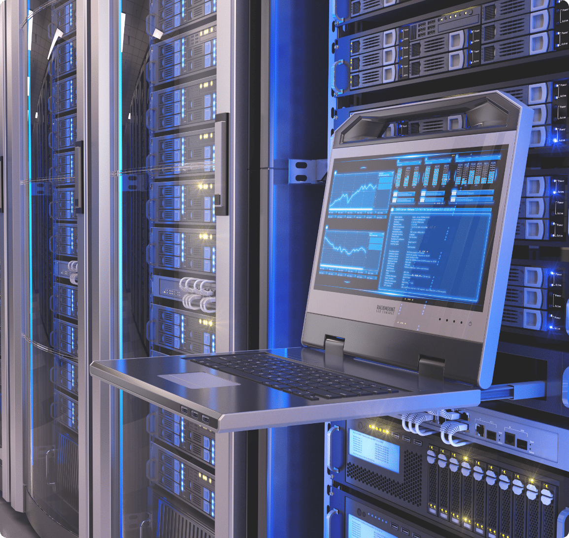 A laptop connected to a row of computer servers