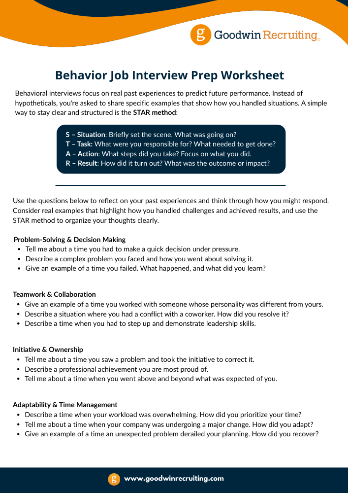 Behavior Job Interview Prep Worksheet Page 1