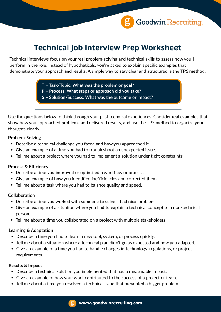 Technical Job Interview Prep Worksheet Page 1